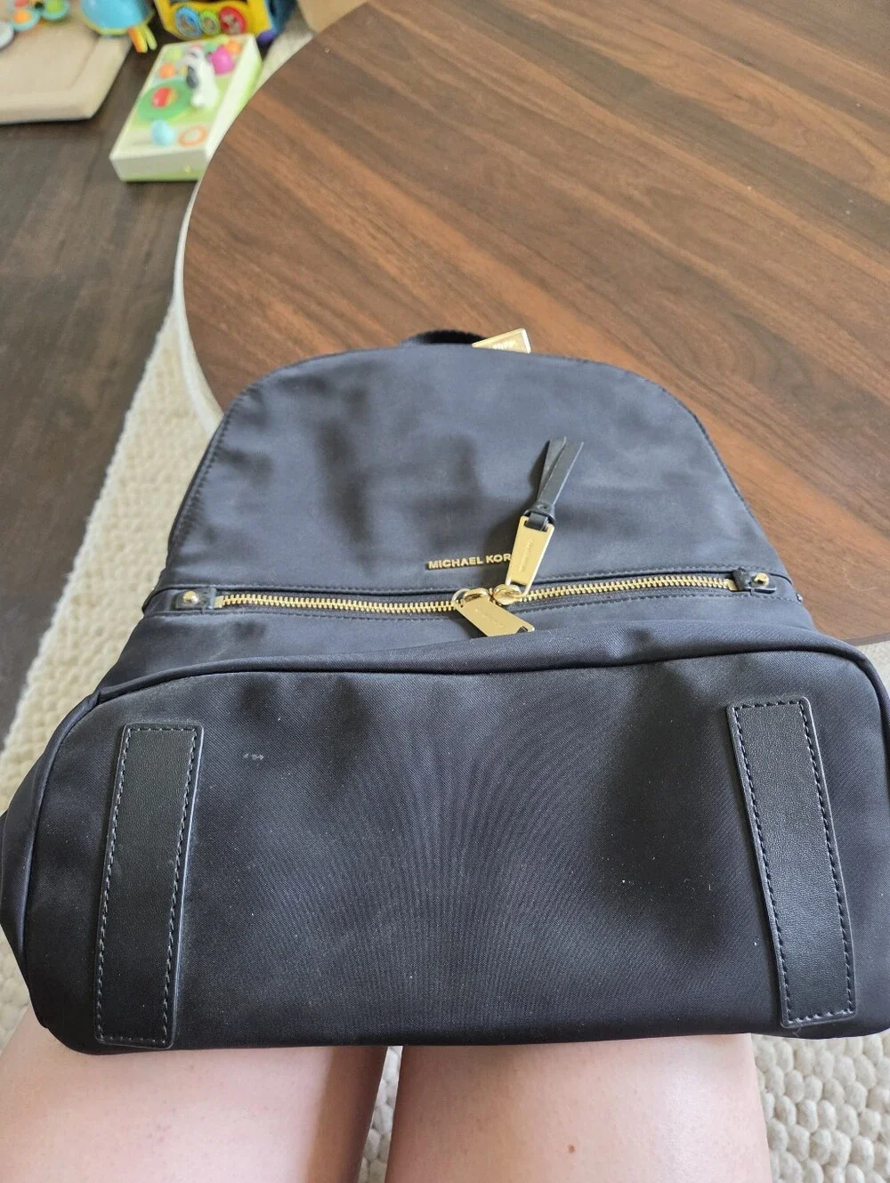 Michael Kors Polly Medium Nylon Backpack Black Gold Lightweight